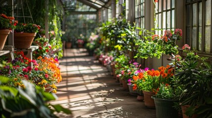 A pathway lined with plant pots and blossoms