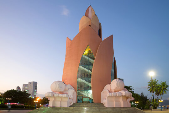 NHA TRANG, VIETNAM - DECEMBER 29, 2015: Tower Lotus on close up. Twilight in Nha Trang