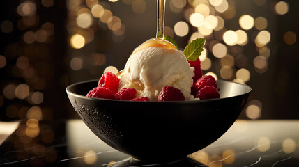 Pouring honey over vanilla ice cream in a black bowl