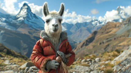 Fototapeta premium Cute fluffy llama in puffer jacket, Peruvian landscape backdrop, holding potato roots, 2D illustration