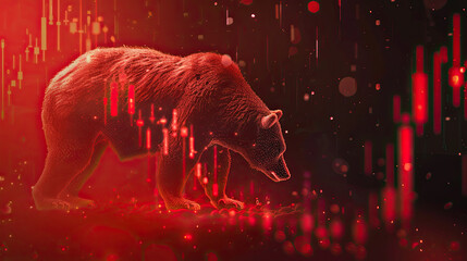 Stock market bear market trading down trend of graph red background decreasing price