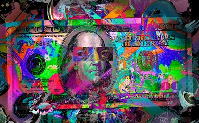 Tuinposter graffiti on wall 100 dollar bill abstract bright picture © reznik_val