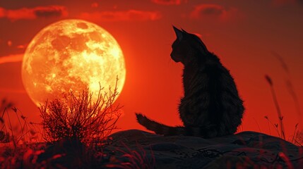 Desert scene, mummy cat silhouette, full moon, long shot, suspenseful atmosphere, horror film