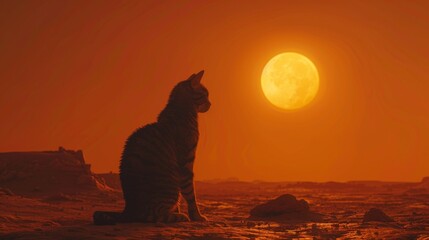 Desert scene, mummy cat silhouette, full moon, long shot, suspenseful atmosphere, horror film - obrazy, fototapety, plakaty
