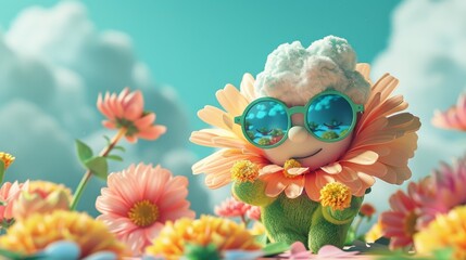 anthropomorphic flower character with green legs and vibrant petals, donning blue sunglasses and a white cloud shaped hat, holding small flowers, against a solid color backdrop in Cinema4D