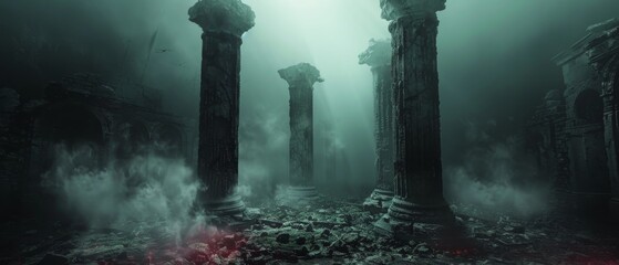 Diabolic shadows looming over an ancient ritual site, wide angle, eerie atmosphere, dark fantasy