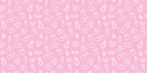 seamless, pink pattern. Pattern with contour details for a girl. Shoes, lipstick, earrings, glasses, jewelry, heart. Print on textiles, paper, banner. art vector illustration.