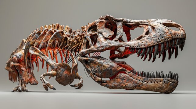Digital art of a T Rex skull, side view, with intricate details and realistic shading, set against a grey and red contrasting background for depth