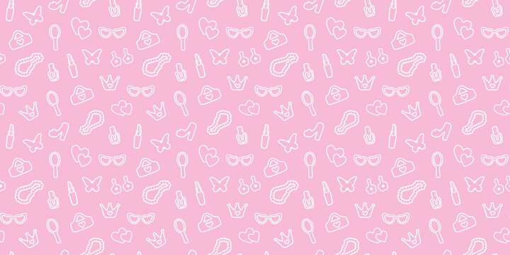 seamless, pink pattern. Pattern with contour details for a girl. Shoes, lipstick, earrings, glasses, jewelry, heart. Print on textiles, paper, banner. art vector illustration.