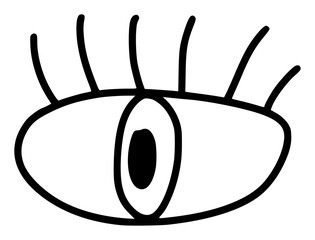 Hand drawn eye icon in simple doodle style logo. Open black eye with lines. Monochrome design - 781484738