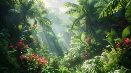 Diverse ecosystem in a lush rainforest, wide shot, vibrant life, educational ecology documentary style - obrazy, fototapety, plakaty
