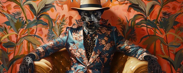 Surreal fashionable leopard man seated in style