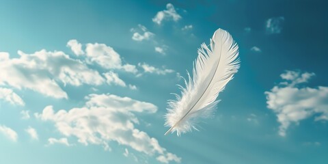 A Solitary White Feather Floating Peacefully Against a Tranquil Blue Sky Embodying Serenity and Purity