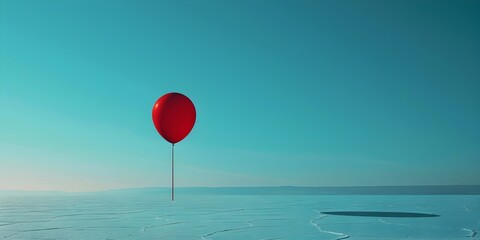 A single red balloon floating in an expansive blue landscape evoking feelings of freedom and nostalgia
