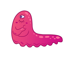 Cute monster. An angry pink alien that looks like a slug. Neon colors, Y2k, gradient, 2000s. Cartoon illustration. Space flights, the future. Halloween stickers, design elements.