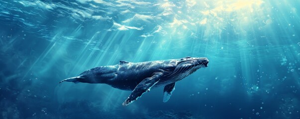 Serene humpback whale glides through the sunlit depths of a deep blue ocean - obrazy, fototapety, plakaty