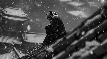 A person in a panda costume sits contemplatively atop a traditional temple's roof, surrounded by...