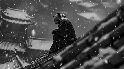 Foto op Plexiglas A person in a panda costume sits contemplatively atop a traditional temple's roof, surrounded by falling snow in monochrome. © Satawat