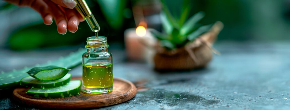 Extracting aloe vera essence with a dropper, conveying natural skincare and organic beauty. Cosmetic spa treatments and skin care products. Alloe cure.Banner. Copy space