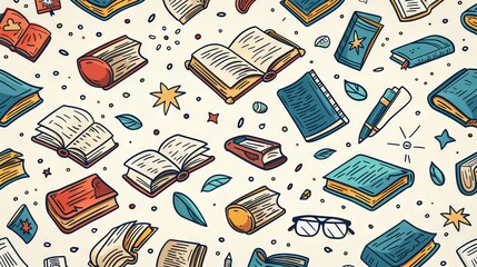 icons for World Book Day book sketch, reading glasses doodle, creative e reader, minimalist shelf, star swirl open book, child reading