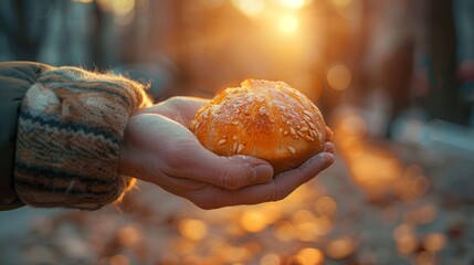 Hands offering food to the needy, close up, warm light, the essence of compassion, humanitarian spirit