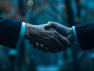 Handshake series across professionals, corporate merger backdrop with subtle logos, high detail, symbolism of alliances, realistic unity portrayal, predominately blue