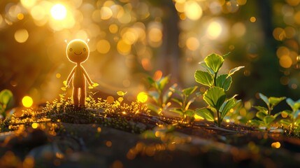 Happy stick figure in line art, nurturing small plants, on a hyper realistic bokeh garden background, detailed sunlight and vibrant light dots