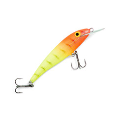 Fishing lure in the shape of a brightly colored small fish and hook, with a transparent bottom and shadow