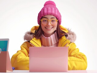 Happy user shopping online, vibrant screen glow, white background, joyful expression