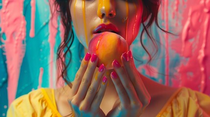 High contrast, color blocked pop art, woman with acrylic nails holding peach, juice dripping, peach cherry red powder blue deep pink