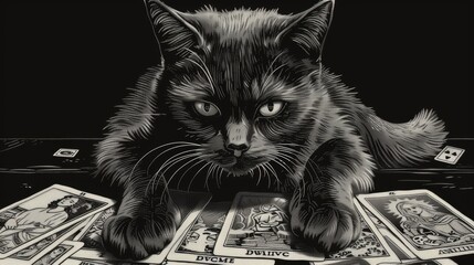 High contrast vector drawing, a black cat consulting tarot cards, detailed with bold white lines, surreal and intricate, on black