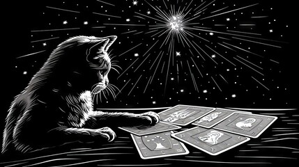 High contrast vector drawing, a black cat consulting tarot cards, detailed with bold white lines, surreal and intricate, on black