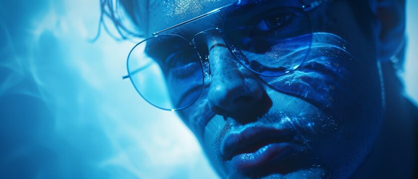 High fashion male, double exposure effect, minimalistic deep blue setting, editorial contrast