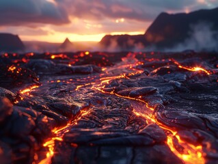 Hyper realistic, ultra detailed view along lava lake, photo realistic lighting, precise texture