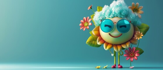 a whimsical flower character with green legs, wearing blue sunglasses and a cloud shaped hat, its emoji smile and bright colors 