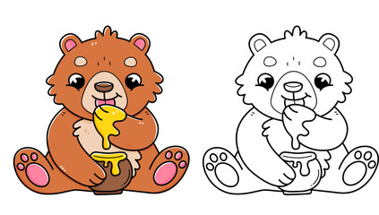 Bear with honey coloring book with coloring example for kids. Coloring page with bear eating honey. Black and white and color version. Vector children's illustration.