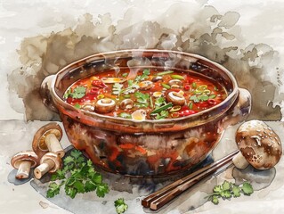 Illustration of Tom Yum soup, steamy and aromatic, with mushrooms and lemongrass, watercolor in earth tones, on a white background