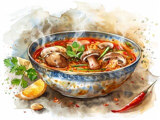 Illustration of Tom Yum soup, steamy and aromatic, with mushrooms and lemongrass, watercolor in earth tones, on a white background