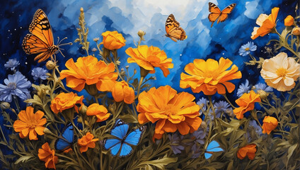 In the language of oil paints, cobalt wildflowers and marigold butterflies whisper secrets of the cosmos, their beauty a reflection of the universe's wonders. - obrazy, fototapety, plakaty