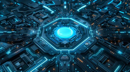 artificial intelligence With a blank center occupying 80 percent of the image, the dull dark blue color theme and low saturation exude sophistication Completing the look is a glowing pale blue circuit