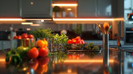 Intelligent utensils sorting food, close up, modern kitchen, bright lighting, futuristic lifestyle - obrazy, fototapety, plakaty