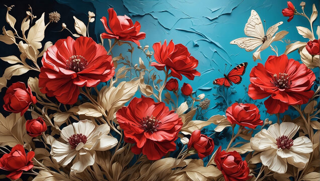 In the realm of oil paintings, an opulent display of ruby-red wildflowers and turquoise butterflies unfolds, each stroke a testament to the artist's mastery.