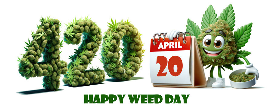 420 cannabis day banner. Happy marijuana's character showing calendar with date of April 4th with number 420 made from green hemp