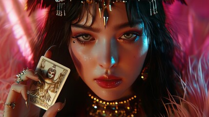 Long black haired woman, gold spikes head, holding Tarot card on left eye, right black eyeliner, pink lips, skull sockets, jewelry, owl, pastel pink