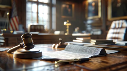 Legal documents and gavel on a desk, close up, justice and law, professional, authoritative atmosphere