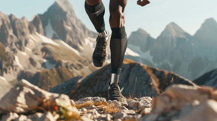 Man with prosthetic legs, an athlete runner runs along rocky path in mountainous area, close-up of man's legs. Active lifestyle concept with disability, movement and persistence, adventure and travel - obrazy, fototapety, plakaty