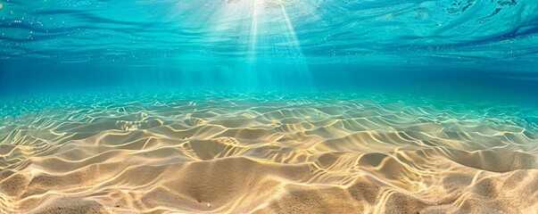 Clear underwater seascape with sunbeams illuminating sand ripples on the ocean floor - obrazy, fototapety, plakaty