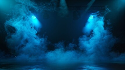 Mysterious stage with blue smoke and lights