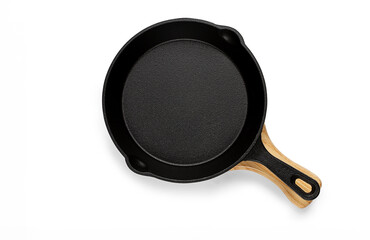 portioned cast iron frying pan, on a wooden stand, new, on a white background, isolate,