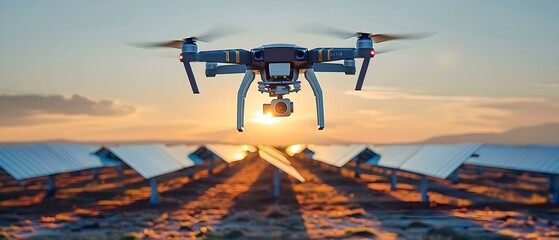 Solar Panel Inspection at Sunset with Drone. Concept Solar Energy, Drone Technology, Sunset Photography, Renewable Resources, Energy Efficiency - obrazy, fototapety, plakaty